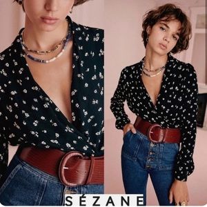 Sézane Abelia Wrap Blouse Two Toned Jacquard Black Floral Size US 4 / EU 36